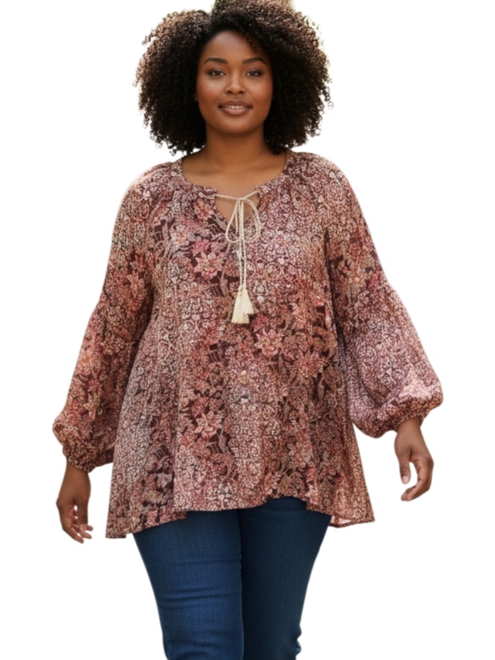 dressbarn Brown Multi Floral Peasant Tunic with Tassel Tie